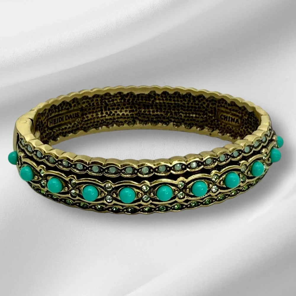 Vintage Heidi Daus Hinged Bangle Bracelet Turquoise Cabochon & Crystals Art Deco